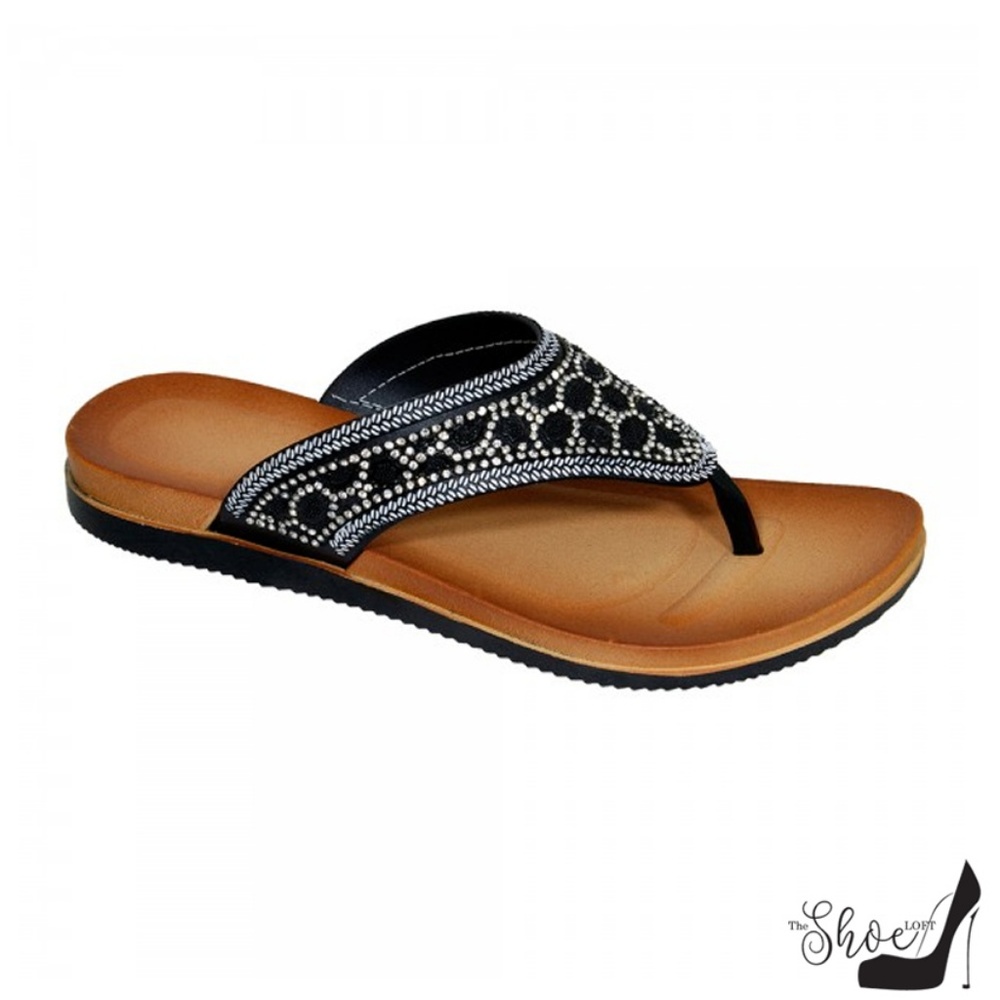 3 PAIR SET Dana Black, Brown, & White Jeweled Thong Flip Flops - Picture 3 of 12